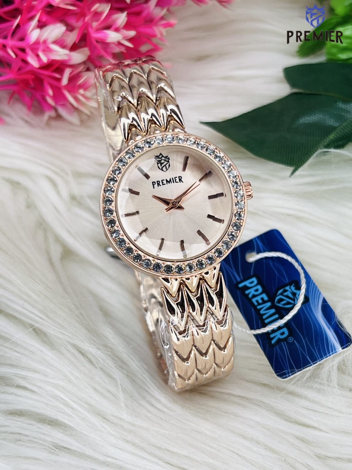 Premier Round Dial Watch with Crystal-Studded Bezel and Textured Strap