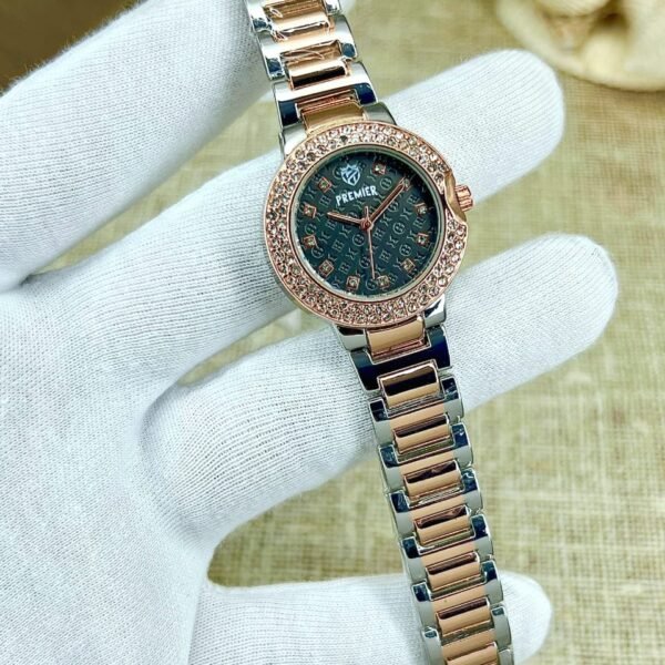 Luxury Women’s Round Dial Crystal Watch with Steel Strap