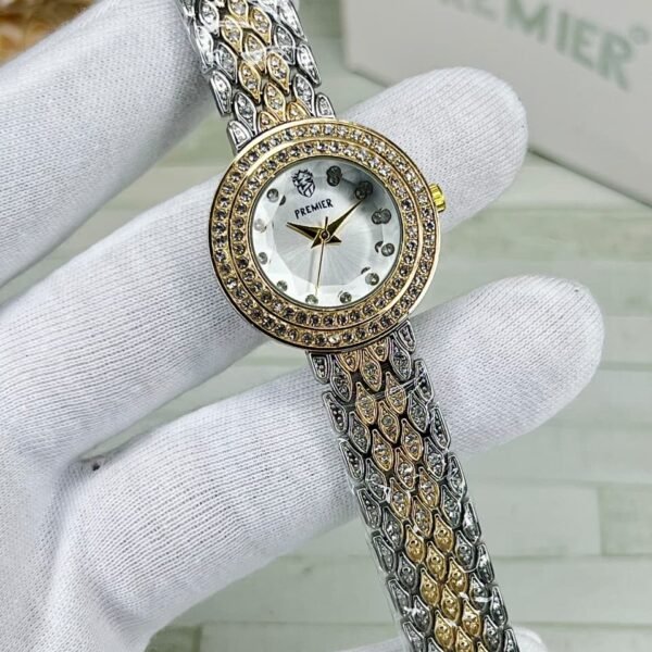 Elegant Women’s Crystal Round Dial Watch with Dual Tone Steel Bracelet