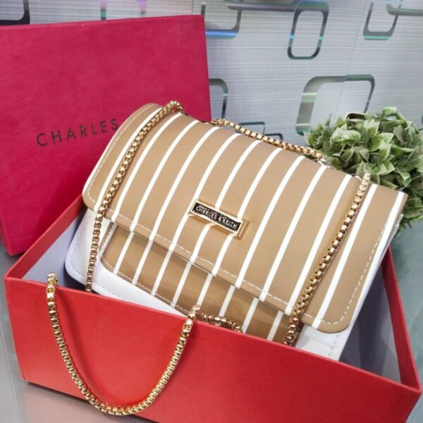 Striped Shoulder Bag with Gold Chain Detailing by Charles & Keith