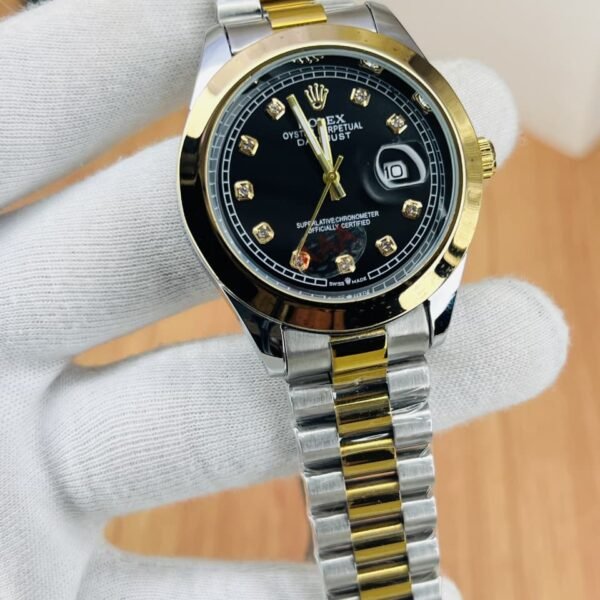 Luxury Men’s Two-Tone Wrist Watch with Black Dial and Date Display