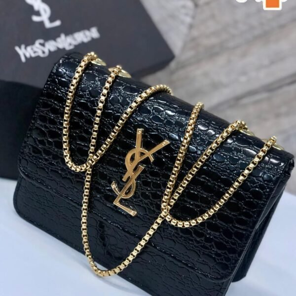Luxury Croc-Textured Shoulder Bag for Women with Gold Chain (Black)