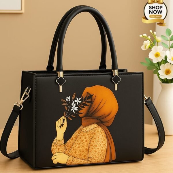 Trendy Artistic Tote Handbag with Floral Girl Print & Detachable Strap