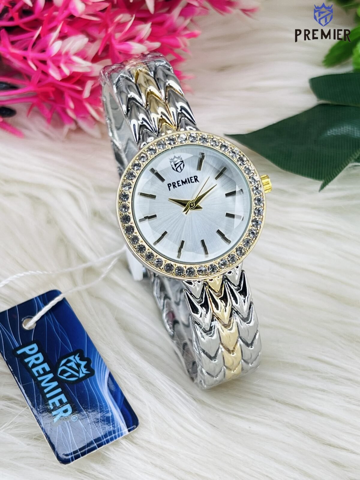 Premier Round Dial Watch with Crystal-Studded Bezel and Textured Strap