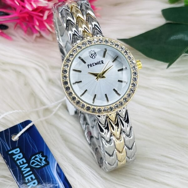 Premier Round Dial Watch with Crystal-Studded Bezel and Textured Strap