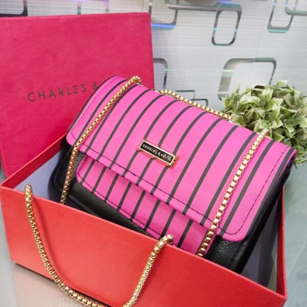 Striped Shoulder Bag with Gold Chain Detailing by Charles & Keith