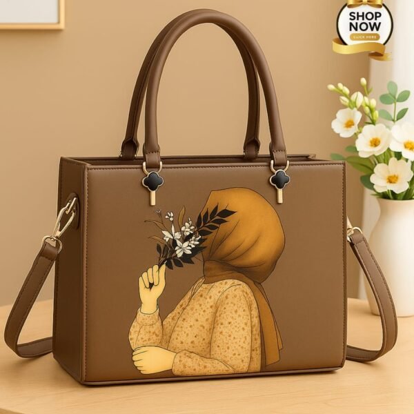 Trendy Artistic Tote Handbag with Floral Girl Print & Detachable Strap
