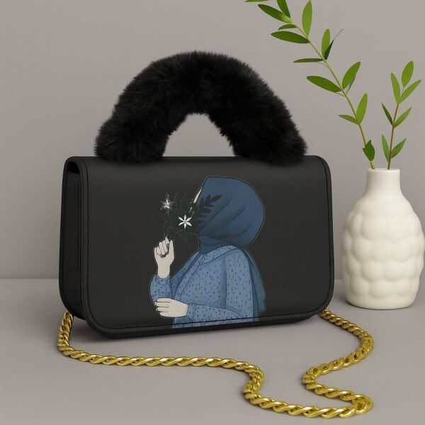 Trendy Women’s Handbag with Artistic Print, Fur Handle, and Gold Chain