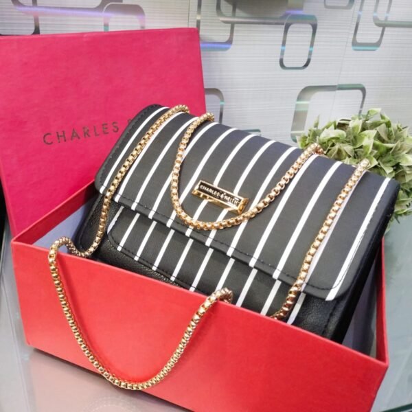 Striped Shoulder Bag with Gold Chain Detailing by Charles & Keith