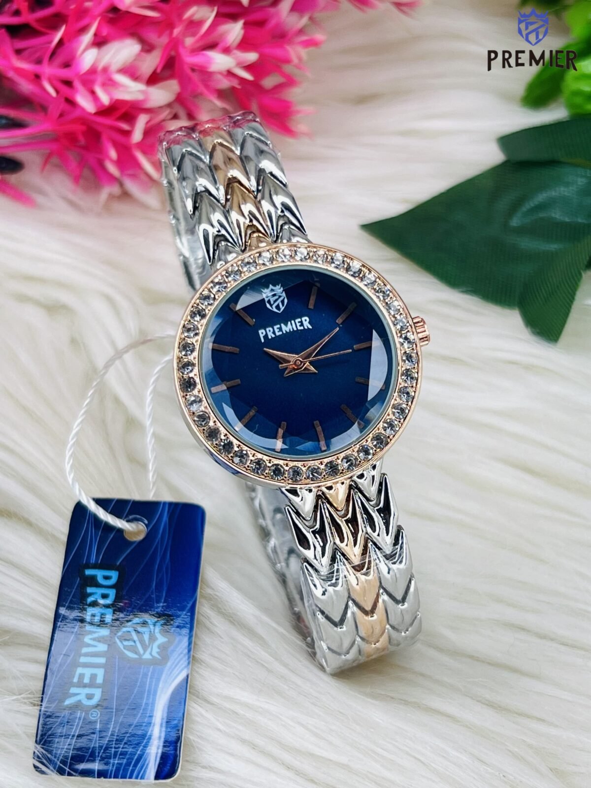 Premier Round Dial Watch with Crystal-Studded Bezel and Textured Strap