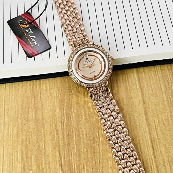 Elegant Women’s Gold Quartz Watch with Crystal Studded Strap & Bezel