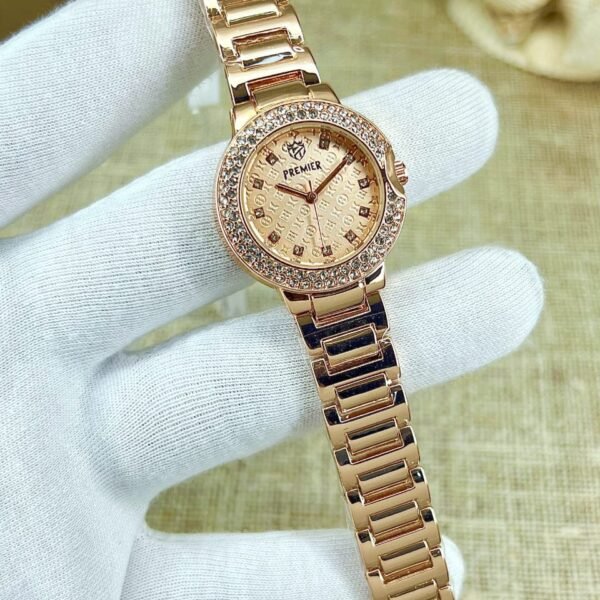 Luxury Women’s Round Dial Crystal Watch with Steel Strap