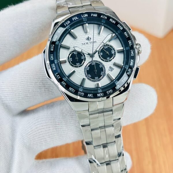 Luxury Men’s Chronograph Working Stainless Steel Watch with World Time Bezel