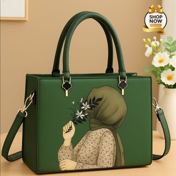 Trendy Artistic Tote Handbag with Floral Girl Print & Detachable Strap