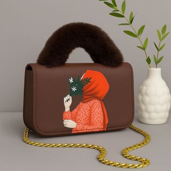 Trendy Women’s Handbag with Artistic Print, Fur Handle, and Gold Chain