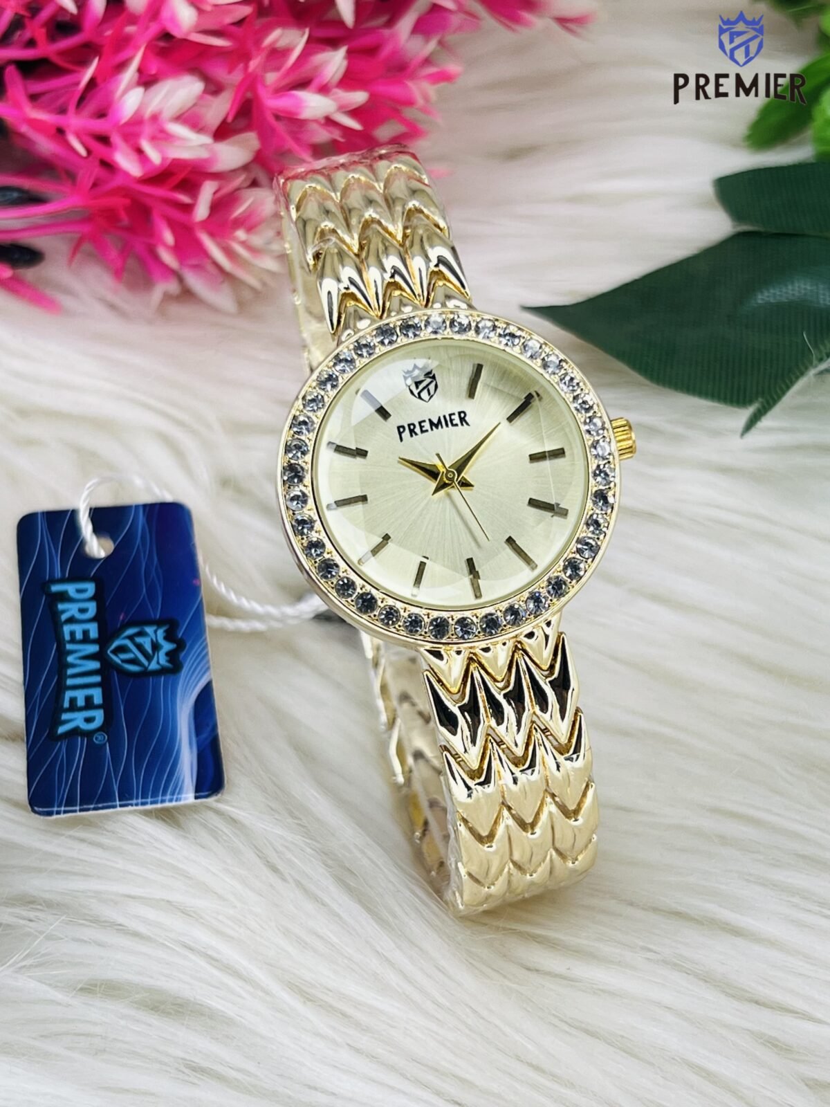 Premier Round Dial Watch with Crystal-Studded Bezel and Textured Strap