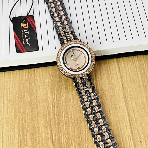 Elegant Women’s Gold Quartz Watch with Crystal Studded Strap & Bezel