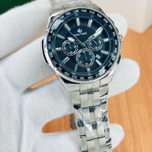 Luxury Men’s Chronograph Working Stainless Steel Watch with World Time Bezel