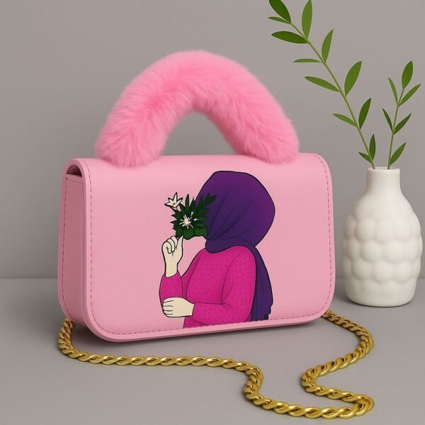 Trendy Women’s Handbag with Artistic Print, Fur Handle, and Gold Chain