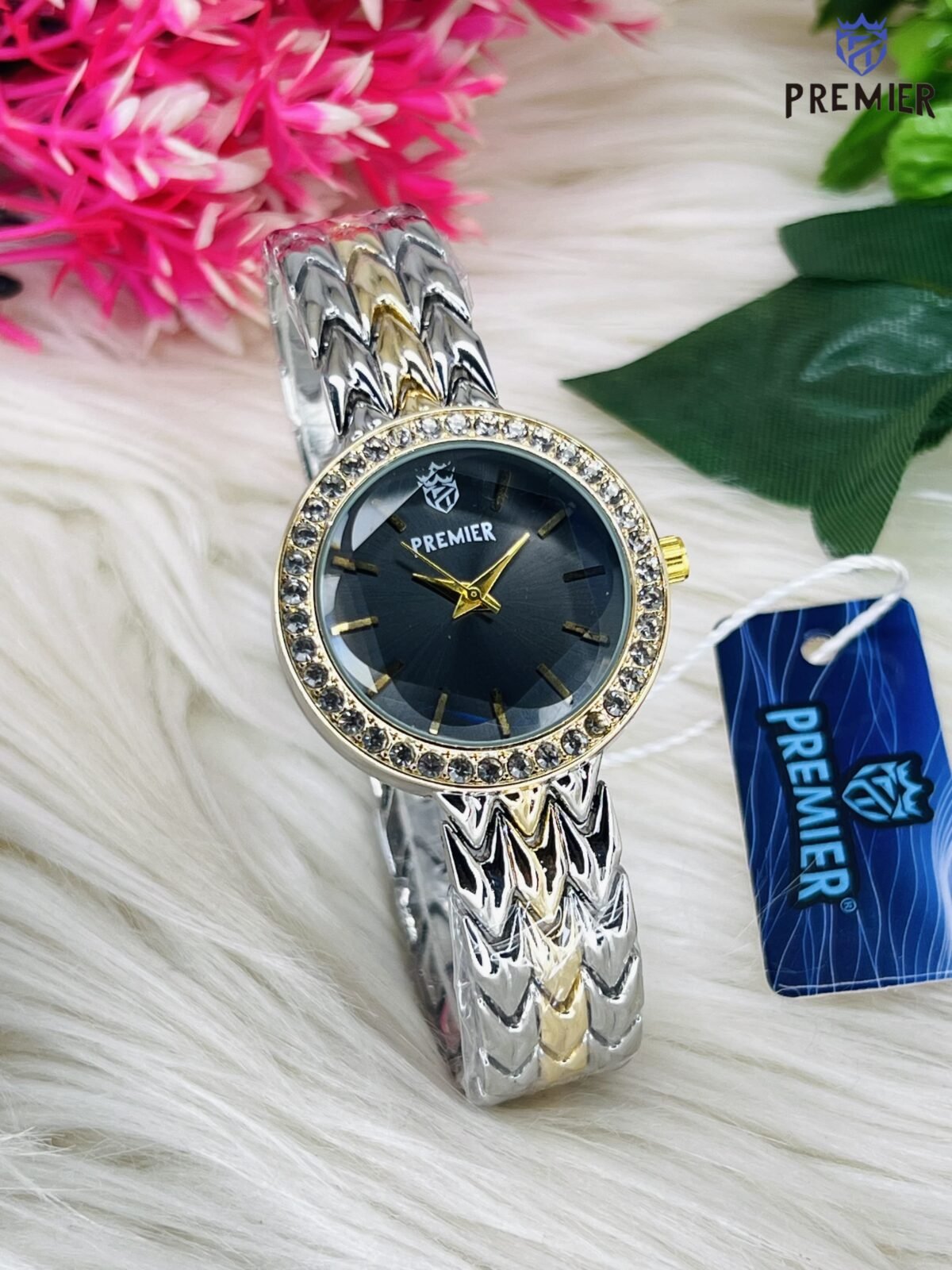 Premier Round Dial Watch with Crystal-Studded Bezel and Textured Strap