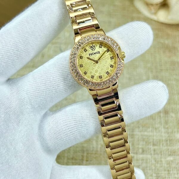 Luxury Women’s Round Dial Crystal Watch with Steel Strap