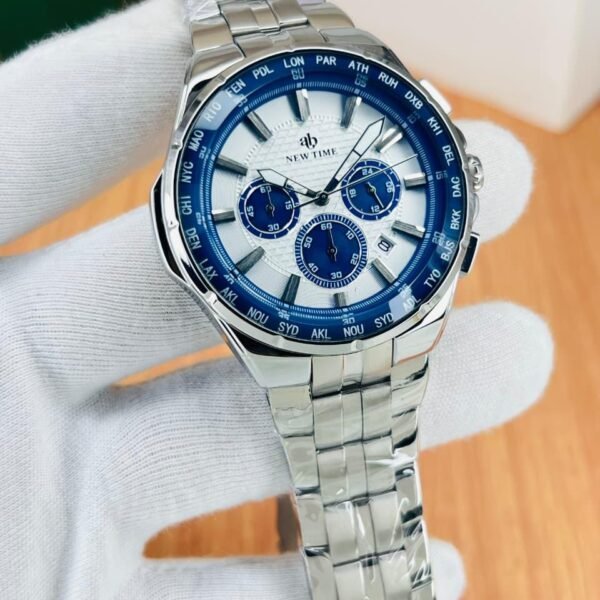Luxury Men’s Chronograph Working Stainless Steel Watch with World Time Bezel