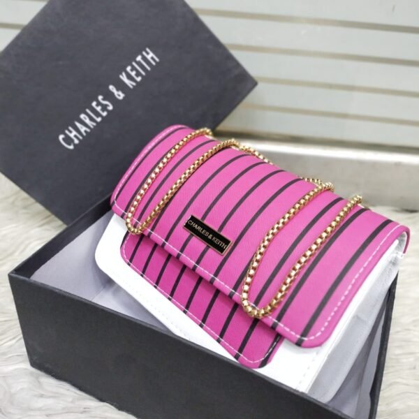 Striped Shoulder Bag with Gold Chain Detailing by Charles & Keith