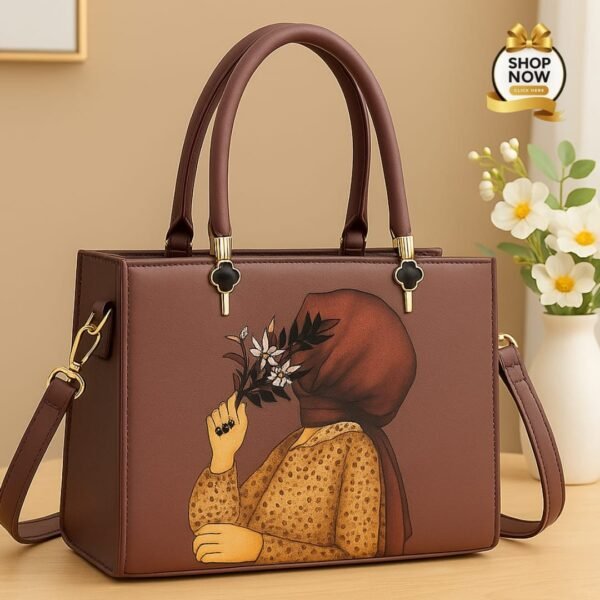 Trendy Artistic Tote Handbag with Floral Girl Print & Detachable Strap