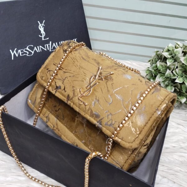 YSL Velvet Finish Shoulder Bag with Metallic Chain Strap & Embossed Detailing