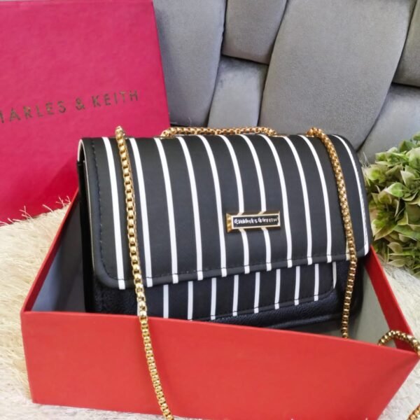 Striped Shoulder Bag with Gold Chain Detailing by Charles & Keith