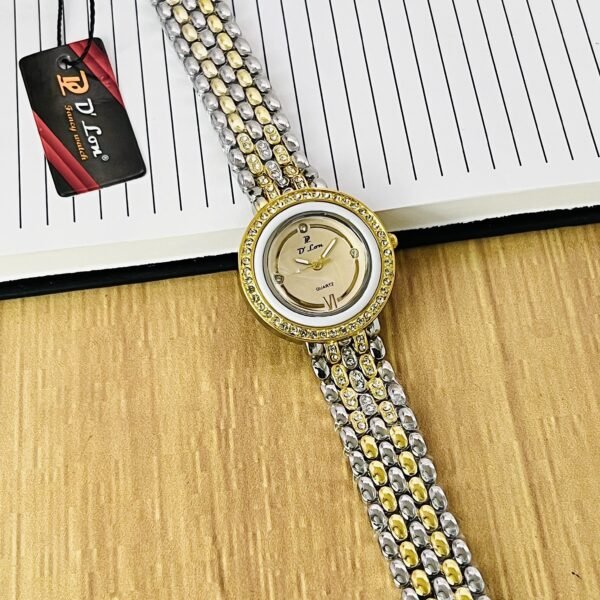 Elegant Women’s Gold Quartz Watch with Crystal Studded Strap & Bezel