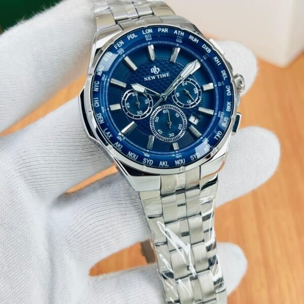 Luxury Men’s Chronograph Working Stainless Steel Watch with World Time Bezel