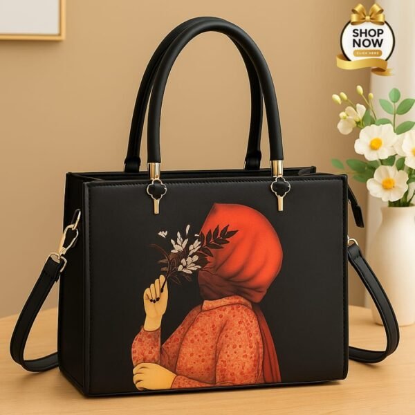 Trendy Artistic Tote Handbag with Floral Girl Print & Detachable Strap