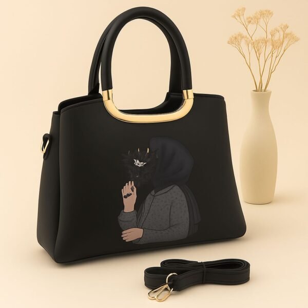 Trendy Handbag with Artistic Girl Print and Detachable Strap
