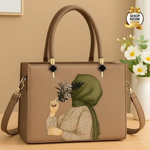 Trendy Artistic Tote Handbag with Floral Girl Print & Detachable Strap