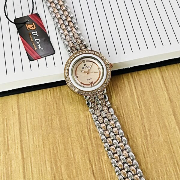 Elegant Women’s Gold Quartz Watch with Crystal Studded Strap & Bezel