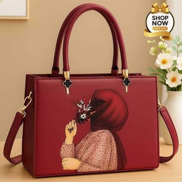 Trendy Artistic Tote Handbag with Floral Girl Print & Detachable Strap