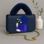 Trendy Women’s Handbag with Artistic Print, Fur Handle, and Gold Chain