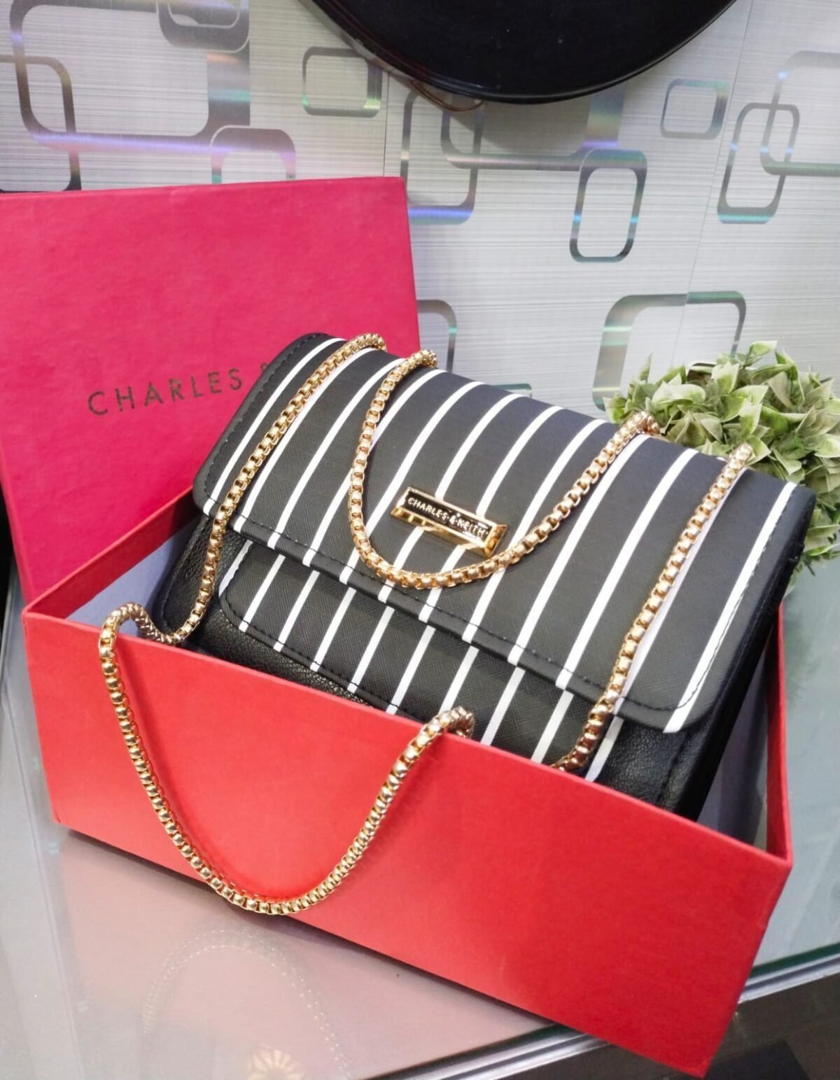 Striped Shoulder Bag With Gold Chain Detailing By Charles & Keith
