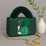 Trendy Women’s Handbag with Artistic Print, Fur Handle, and Gold Chain