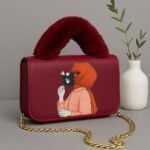 Trendy Women’s Handbag with Artistic Print, Fur Handle, and Gold Chain
