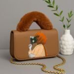 Trendy Women’s Handbag with Artistic Print, Fur Handle, and Gold Chain