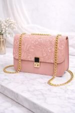 Embossed Nature Motif Crossbody Bag With Elegant Gold Chain