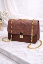 Embossed Nature Motif Crossbody Bag With Elegant Gold Chain