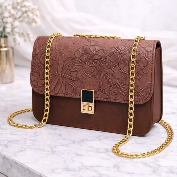 Embossed Nature Motif Crossbody Bag With Elegant Gold Chain