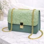 Embossed Nature Motif Crossbody Bag With Elegant Gold Chain