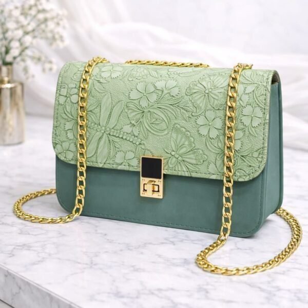 Embossed Nature Motif Crossbody Bag With Elegant Gold Chain