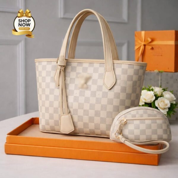 Checkered Women’s Tote Handbag with Matching Pouch