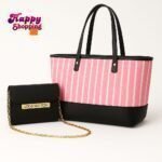 Stylish Striped Tote Bag with Matching Chain Shoulder Purse