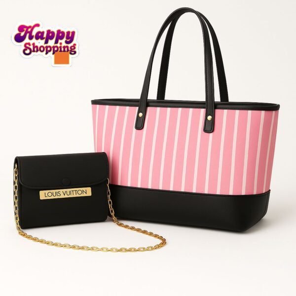 Stylish Striped Tote Bag with Matching Chain Shoulder Purse